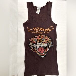 Ed Hardy Dark Brown Vintage  Top with Yellow Logo